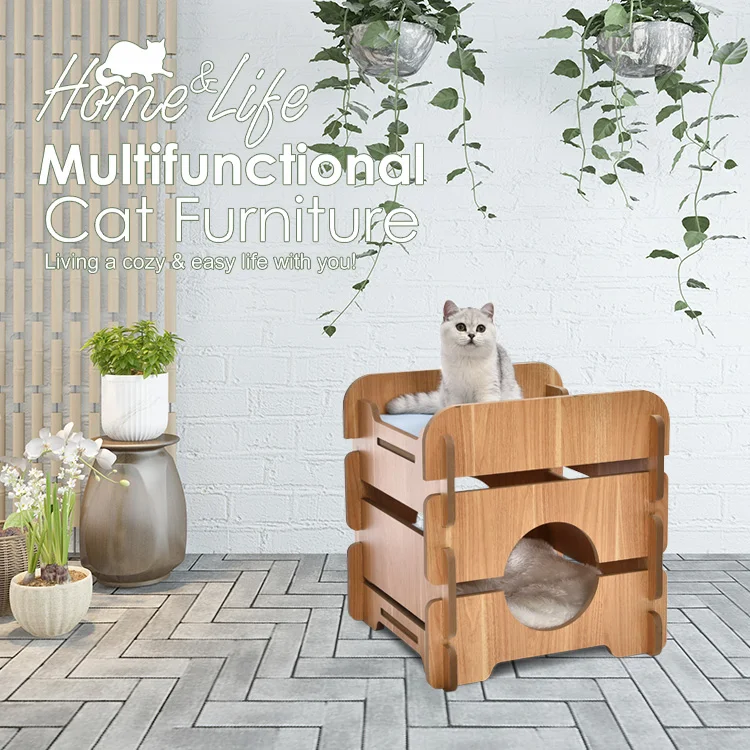Luxury Anti Sway Easy Assemble Solid Wood Durable Cat Hammock Large Soft Plush Bed Stool Furniture