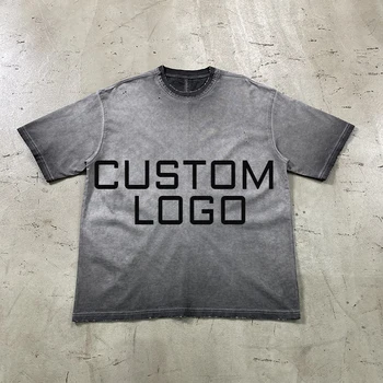 Graphic Printed T Shirts Cotton Acid Heavy Weight Grey Stone Washed T Shirt Custom Print O Neck Vintage T-Shirt