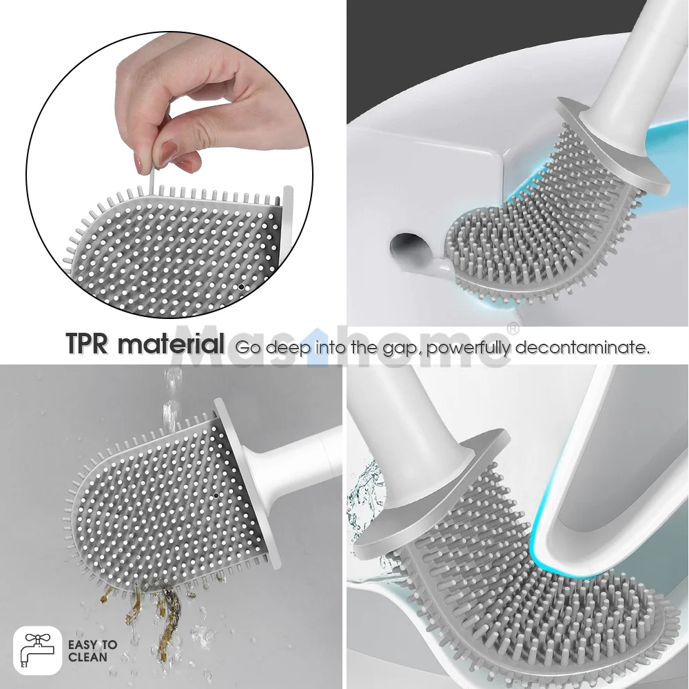 Mathome  New Design Soft TPR Rubber Flat Head Toilet Brush Long Handle Silicone Toilet Cleaning Brush for Bathroom