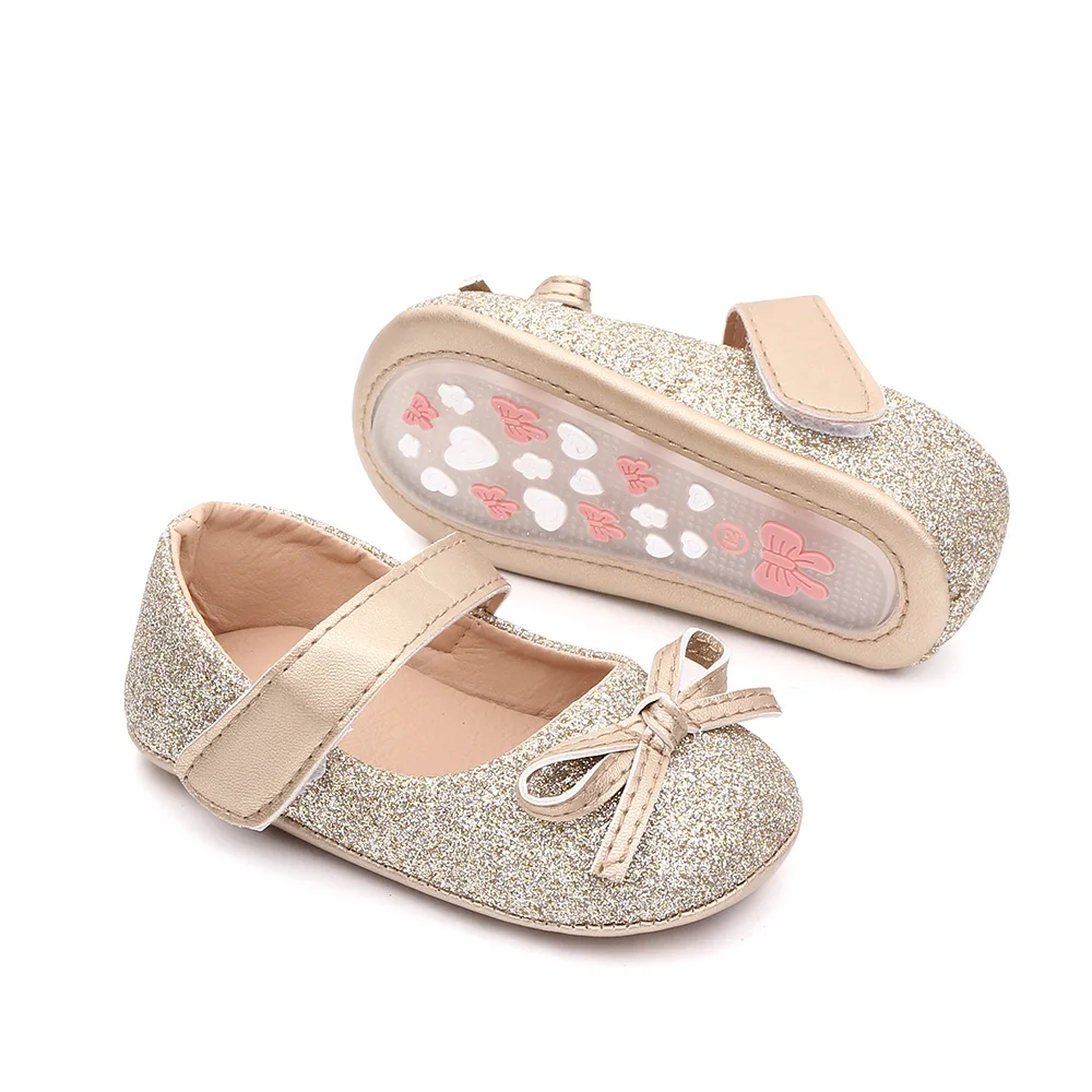 Spring and Summer New Sparkling Solid Color Glitter Bow Baby Girls Princess Walking Shoes manufacture