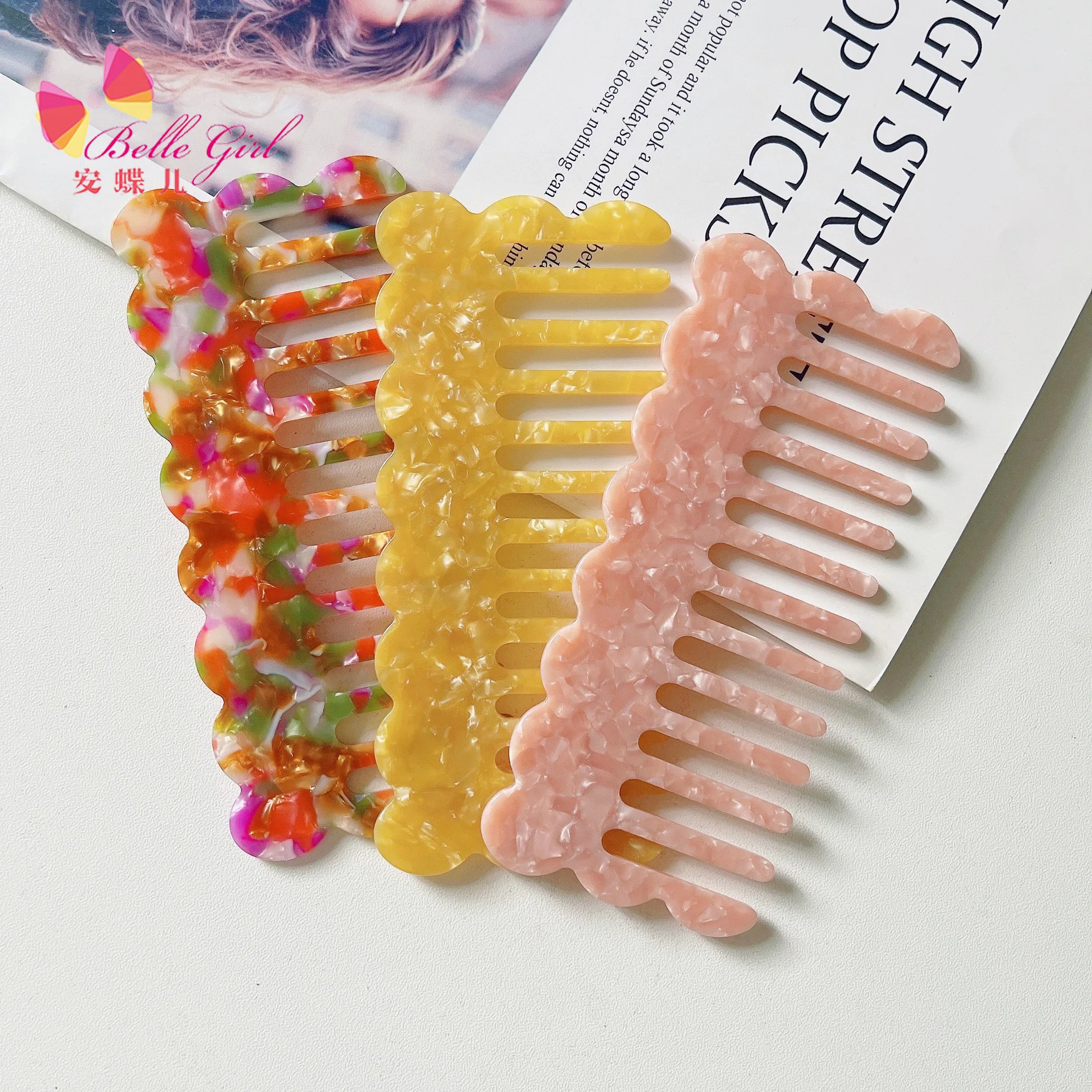 Новый дизайн упаковка с логотипом на заказ аксессуары для волос из высококачественного ацетата Мраморная волна леопардовая расческа