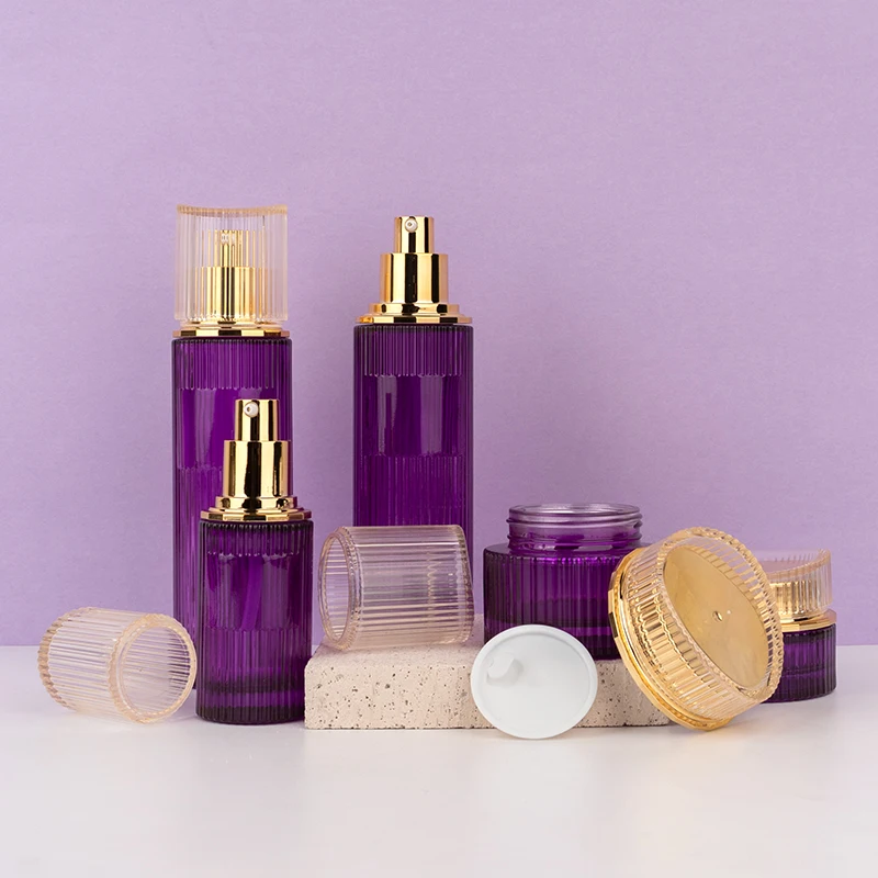 Purple Glass Bottle Skincare Packaging Lotion Serum Cream Containers Unique Empty Cosmetic Jar and Bottle Sets supplier