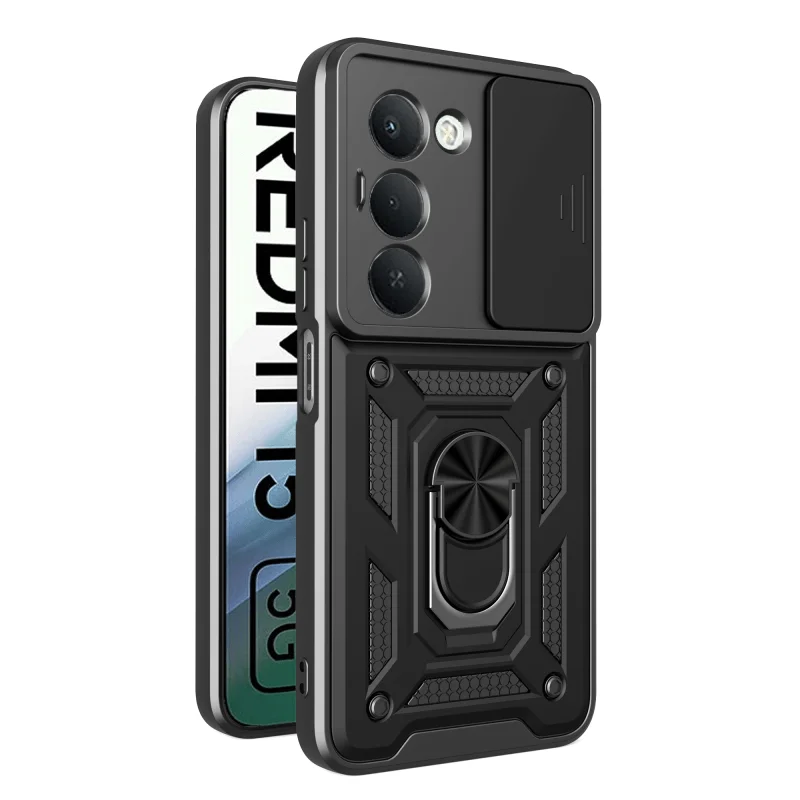 Coque Avizar Pour Xiaomi Redmi 14C - Avec Bague Support Et Cache Caméra Coulissant - Noir
