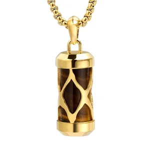 TIZTI Pendant Stainless Steel with Tiger Eye Gemstone Inlay Hollow Cylindrical Mens Necklace Pendant
