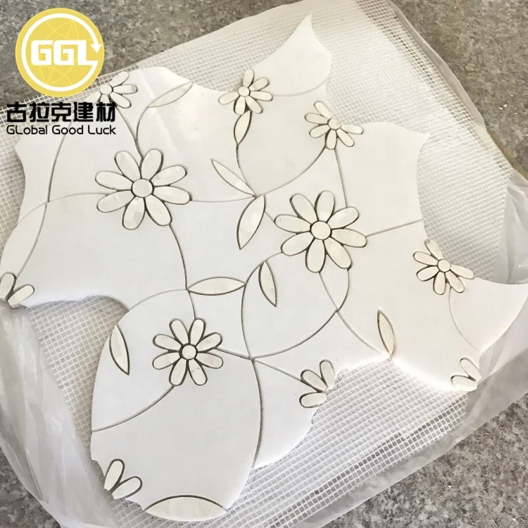 Unique Shape Marble Mix Flower Shell Pattern Waterjet Mosaic Wall Tile