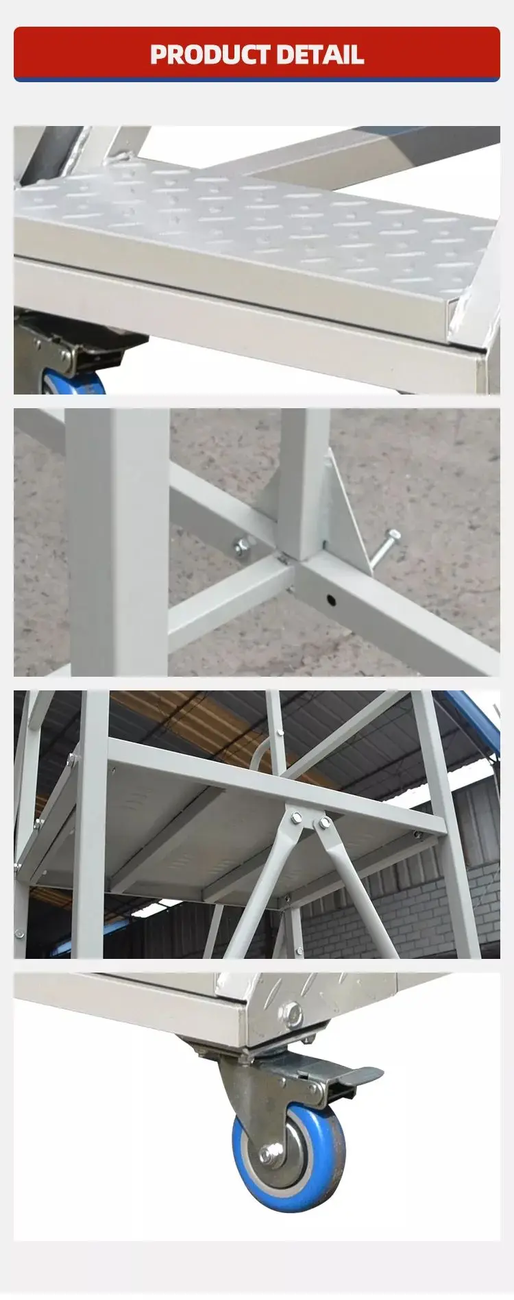 Warehouse Steel Safety Rolling Mobile Platform Ladder With Handrails