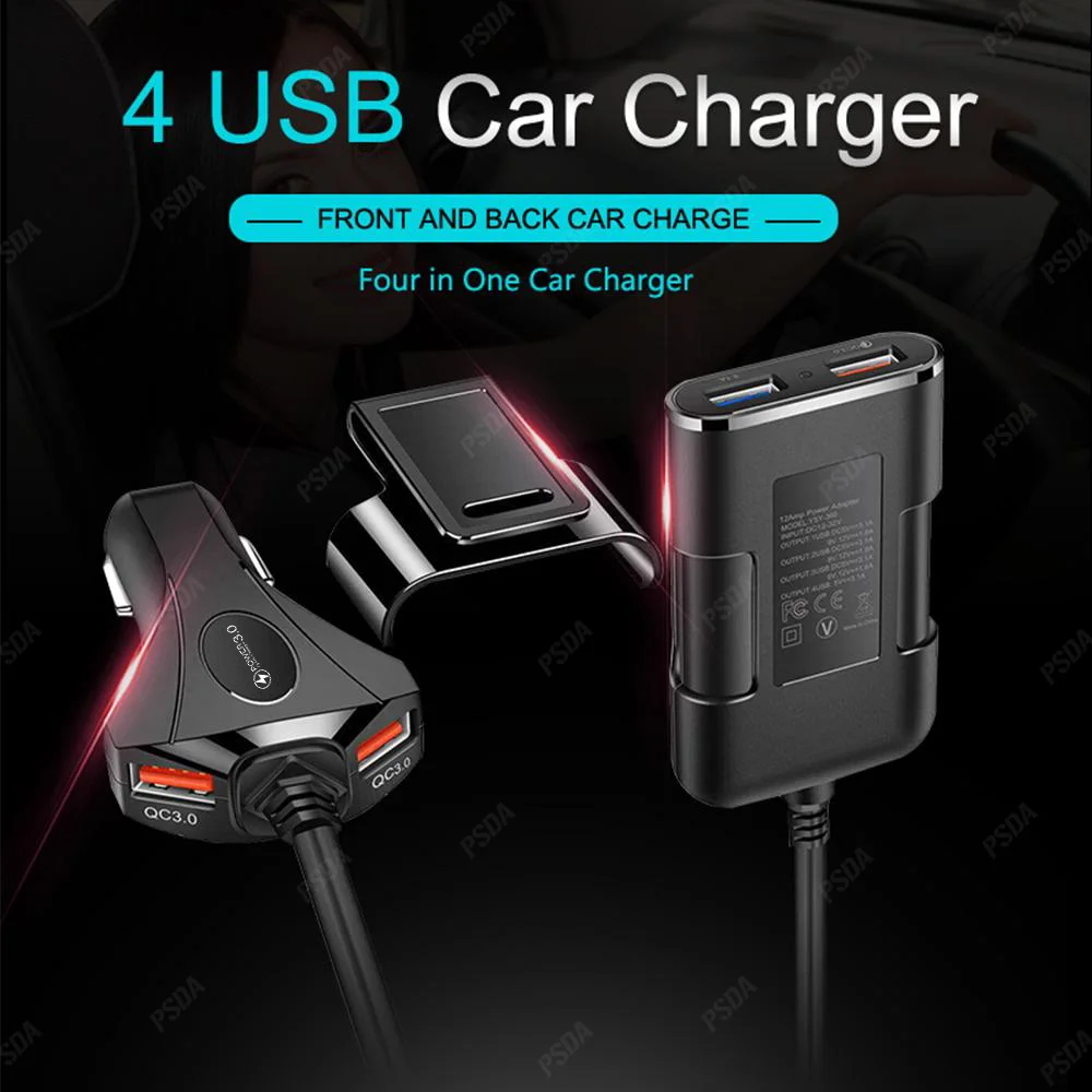 60 Вт 4 порта с удлинительным шнуром 6 футов для зарядки заднего сиденья зажимом телефона смартфона Быстрая зарядка 3 0 Автомобильное зарядное устройство А