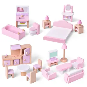 Fun Little Toys 4 Set Wooden Doll House Furniture 22 PCs Dollhouse Accessories  Pink Wooden Toys