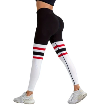 Women Sportswear Contrast Color Seamless Leggings Scrunch Butt Lifting Pants High Waist Striped Leggings