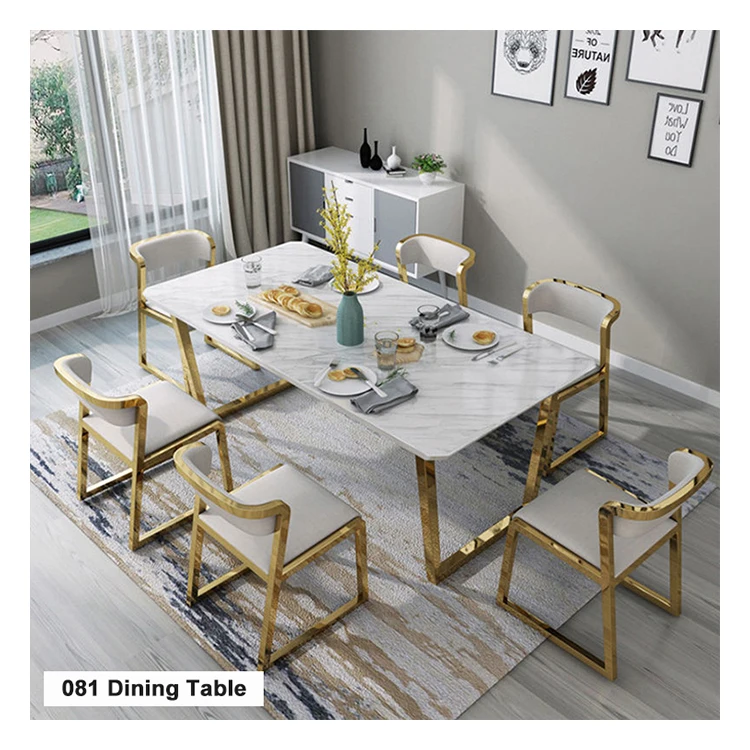 Modern Furniture 6 Chairs Stainless Steel Titanium Gold Sealing Glaze Dining Room Table 333004