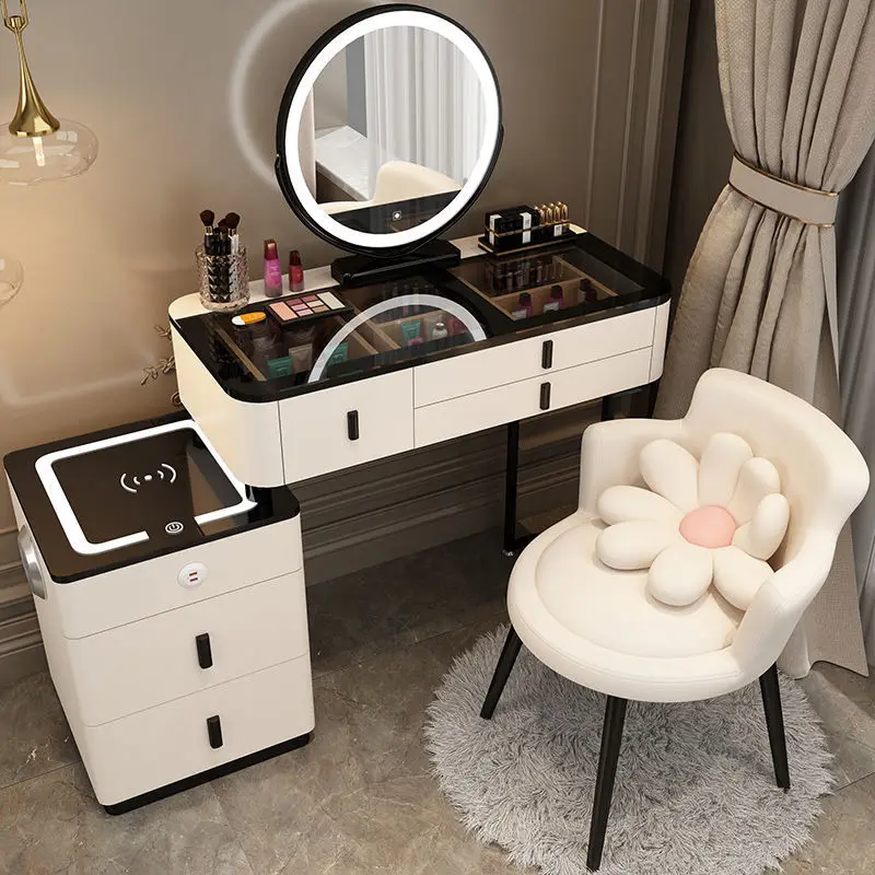 Modern Bedroom Wood Panel Lighted Mirrored Makeup Vanity Dressing Table Set