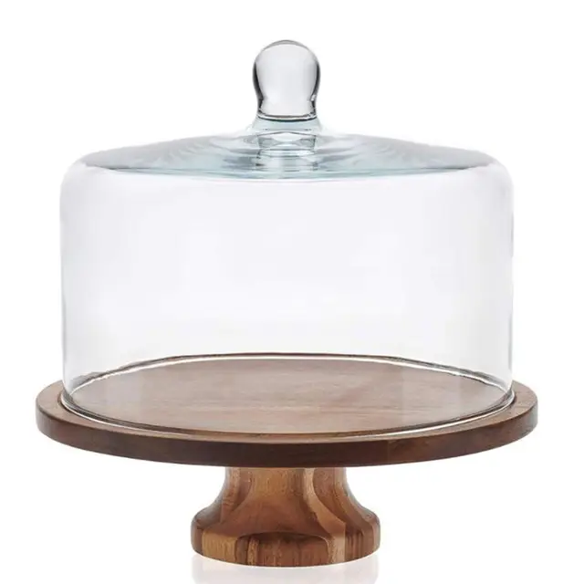 Acacia wood Footed Round Wooden Bamboo Server Tray Cake Stand with Acrylic Glass Dome
