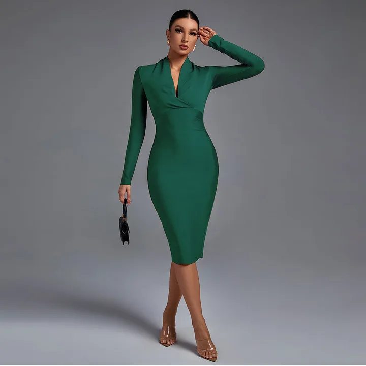 Ocstrade V Neck Draped Long Sleeve Dress - Elegant & Sustainable