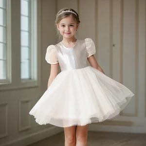 ODM  Boutique White Sequin Tulle Formal Princess Girls Dress Children's Summer Birthday Knee-Length Kids Dresses