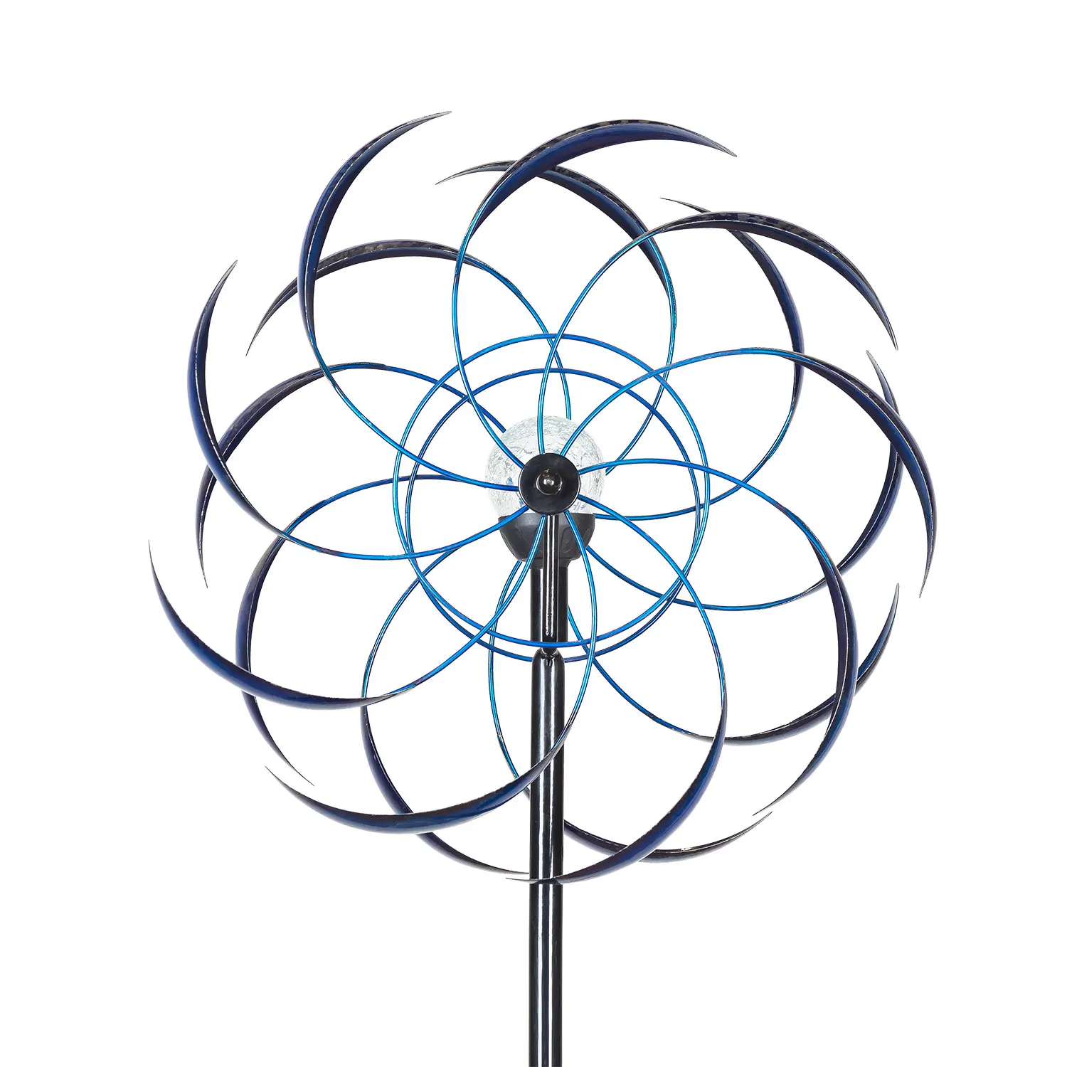 Blue Tall Solar Powered Windmill al Metal Kinetic Solar Powered Glass Ball Wind Spinner