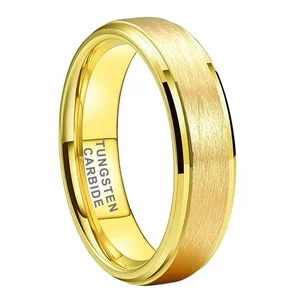 Coolstyle Jewelry 6mm Stepped Beveled Brushed Gold Tungsten Ring for Men Women Fashion Engagement Wedding Band Comfort Fit