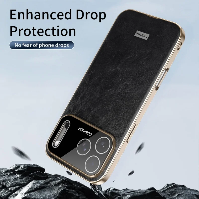New Electroplating Oil Wax Crazy Horse Hide Leather Phone Case for iPhone 17 15 16 Pro Max With Glass Lens Film Shockproof Cover