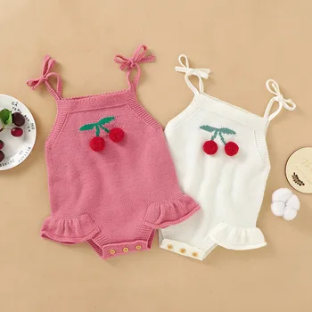 INS Baby  Rompers Girls' Casual Spring and Summer Jumpsuit with Printed Cherry Strap 100% Cotton Button Closure