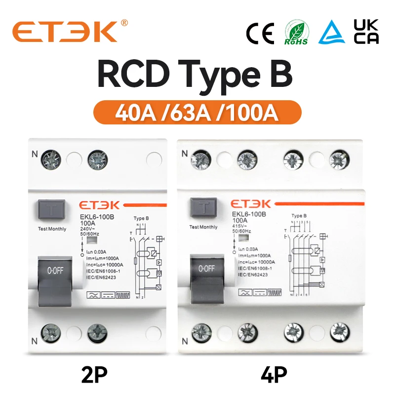 Etek Ekl6-100b Rcd Ev Charger Tuv Ce Approved 10ka 3p+n 40a 30ma Type B ...