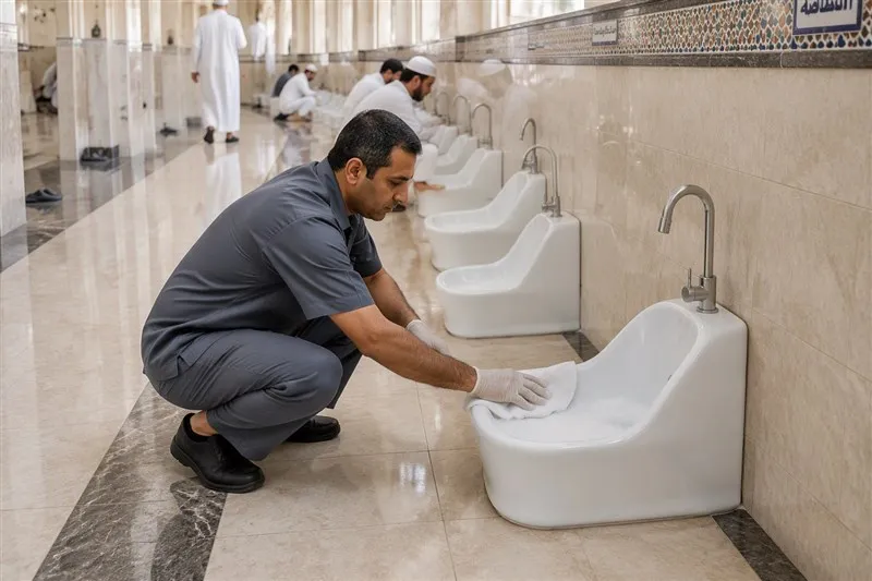 A cleaner wiping a white ceramic wudu basin in a busy mosque washroom