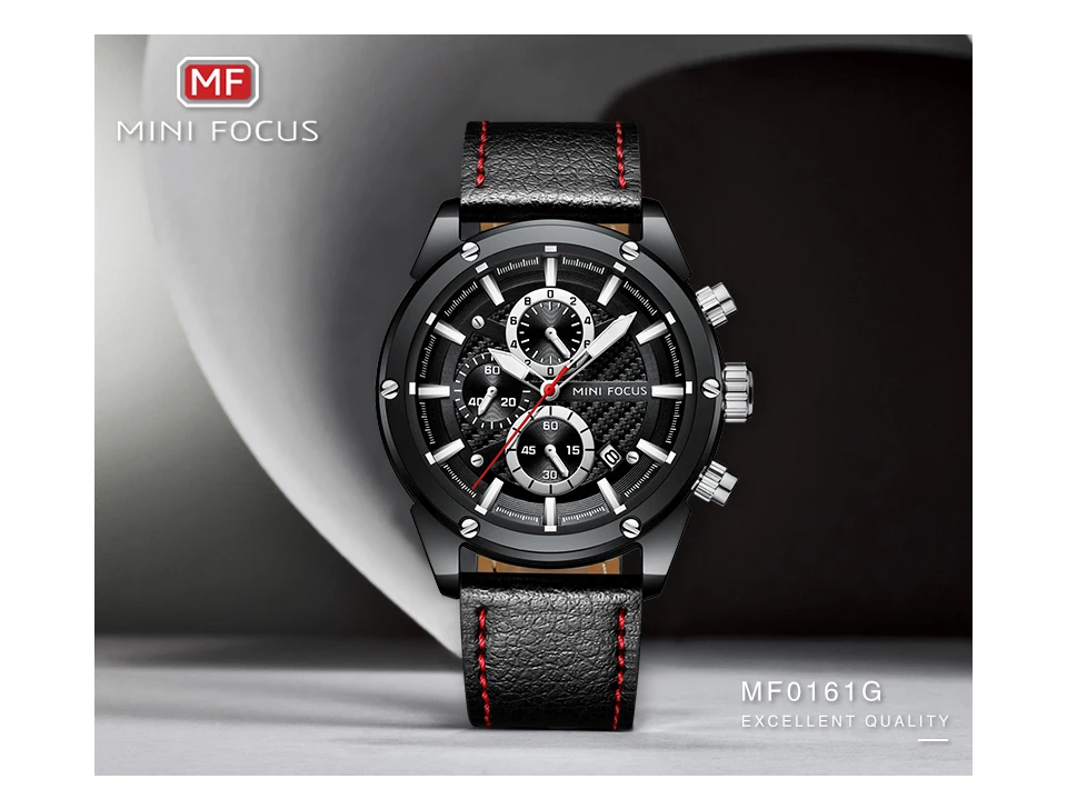 Mini Focus 0161 Leather Chronograph Quartz Watch Luminous Waterproof