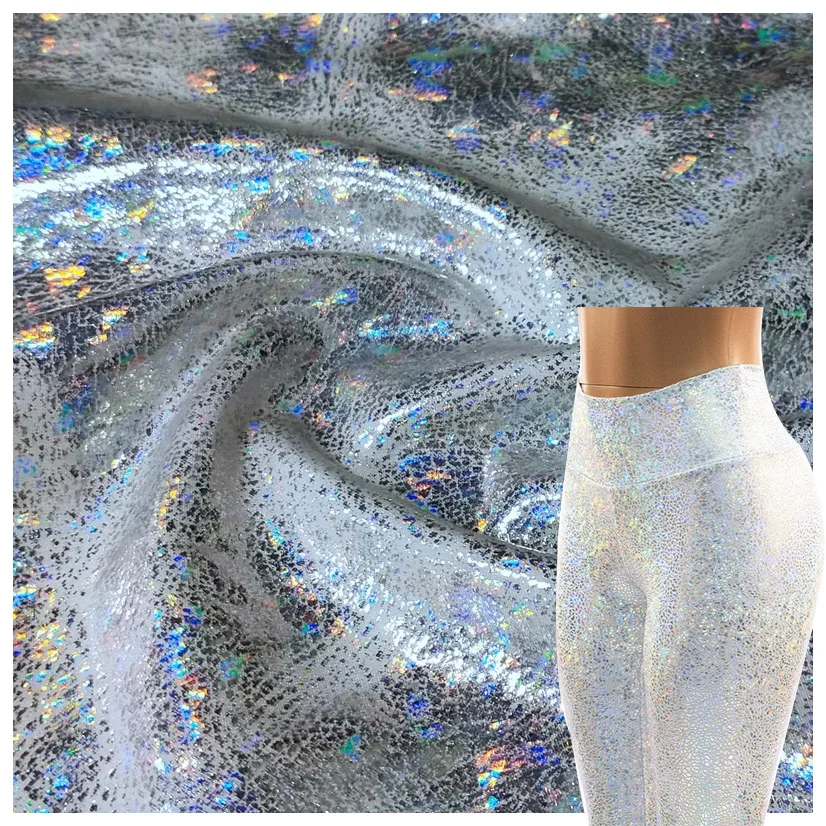 Полиэстеровая металлическая Радужная голографическая блестящая эластичная ткань из серебряной фольги для танцевального костюма