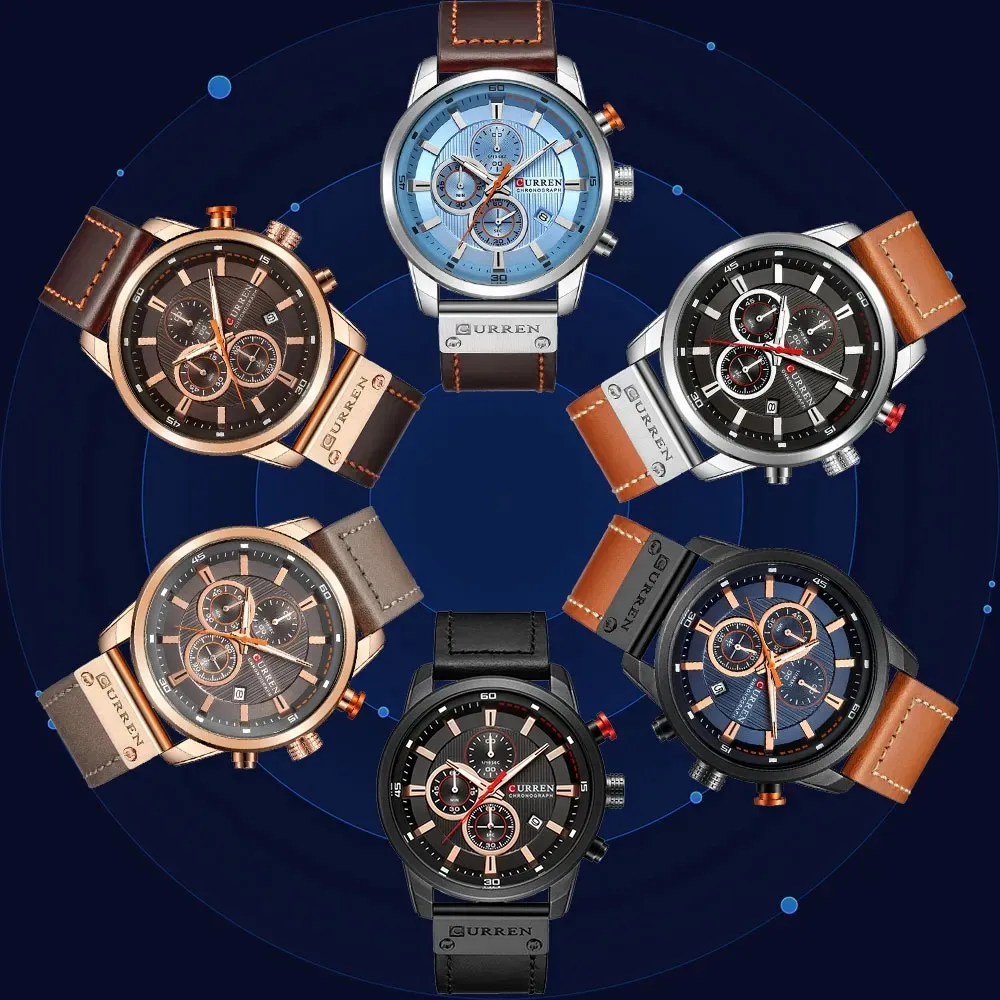 Curren 8291 Fashion Quartz Relogio Masculino Rose Gold Case Watches Chronograph Leather Casual Calendar Waterproof Watch for Men
