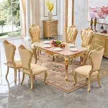 Luxury European Dining Table Rectangular Dining Table Oak Carving Marble Tabletop High-Grade Square Dining Table Chair Set
