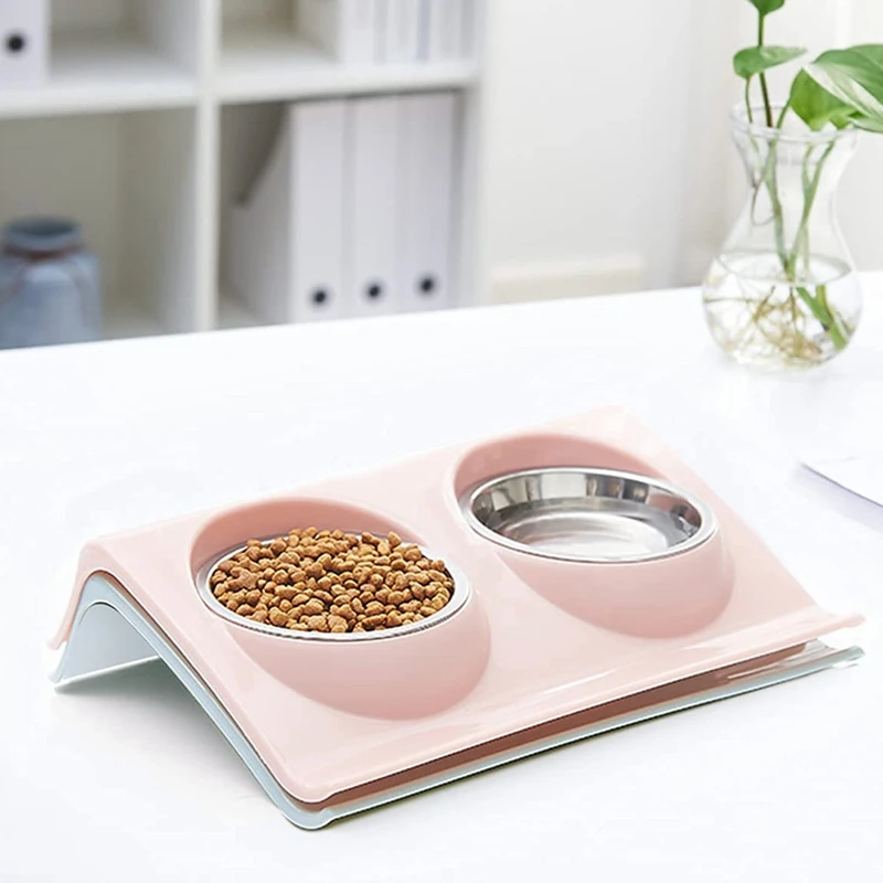 Double Dog Bowl Pet Feeding Dish Nonslip Raised Pp Station Stainless
