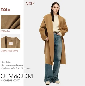 Luxury High-End Women's Long 100% Wool Handmade Eco-Friendly Coat Customized Size Casual Winter Outerwear Hidden Pocket Belt