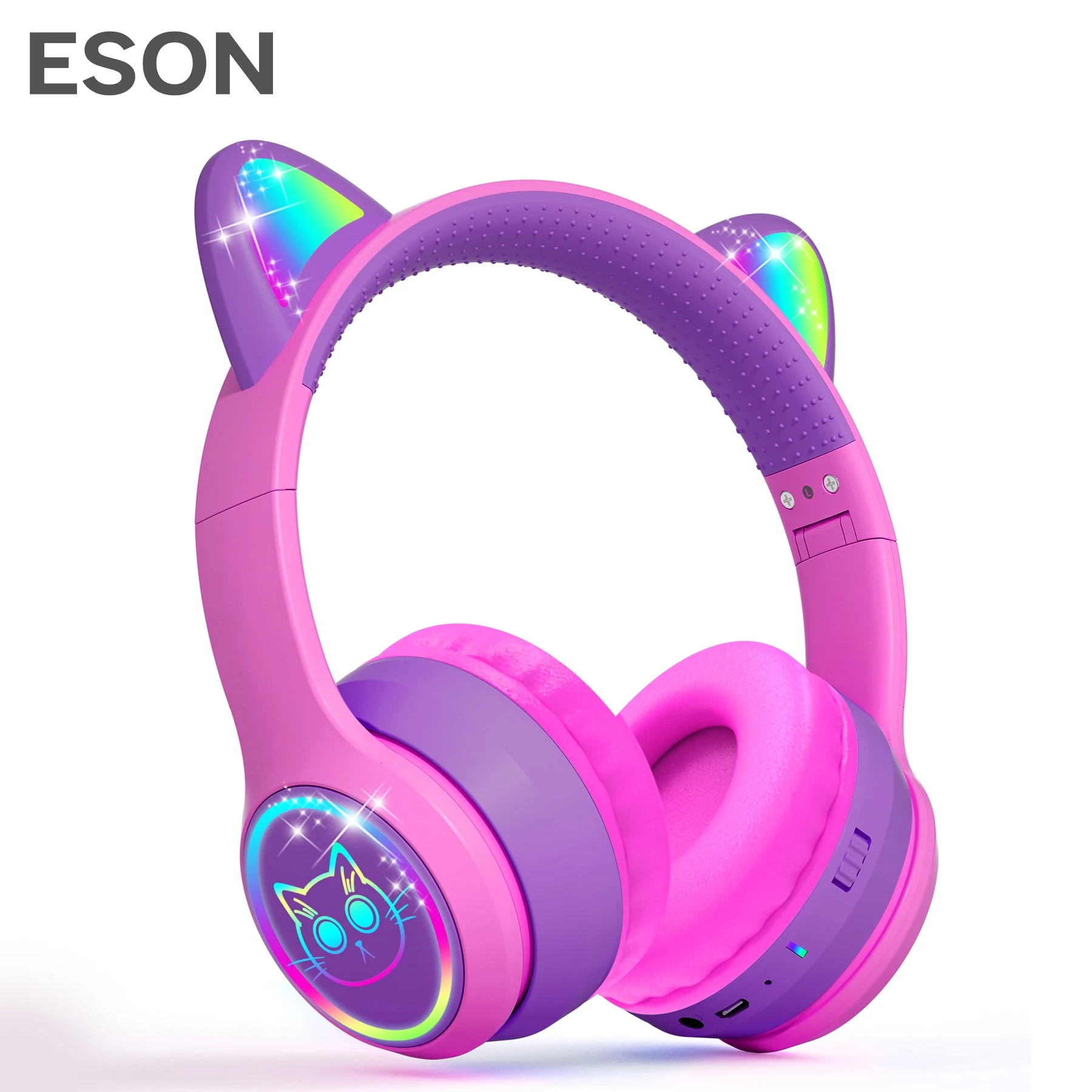 ESON Foldable Cute Light up Cat Ear Children Girls Wireless Headphones with  Case for School Gifts Travel