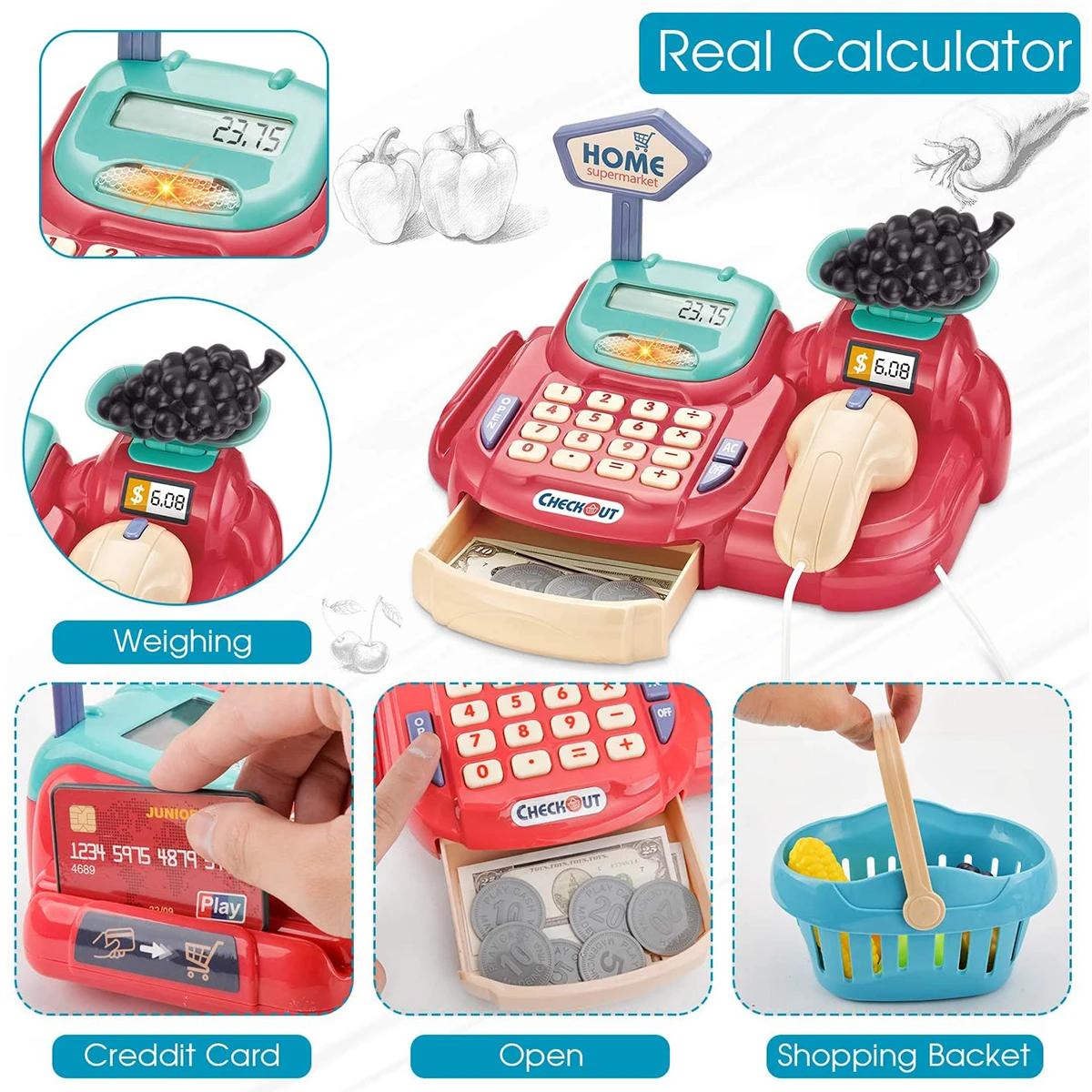 Interactive Toy for Toddlers 3+ Apusulife Cash Register Calculator Pretend Play Toy for Kids with Scanner Bank Card Supermarket Cashier Toy with Light Sound 
