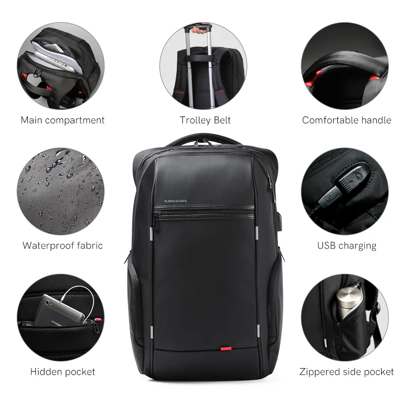 Sac à Dos Voyage KINGSLONG Pour Ordinateur 15.6-17" - Approuvé Cabine, étanche, Antivol, Port USB - 31x46x18 Cm