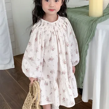 Children's clothes 2024 spring new girls floral puffed sleeve cotton dress crepe neck French