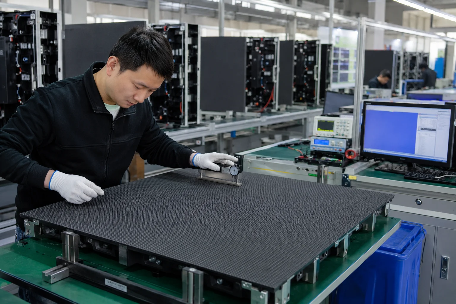 Quality inspection of rental LED display cabinets and modules at BiaoMing factory