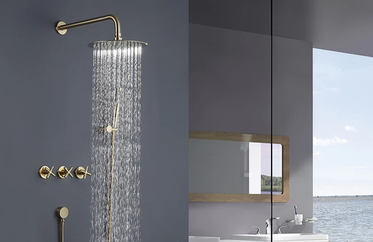 Luxury Conceal Brushed Gold Three Handle Bathroom Rain System Wall 