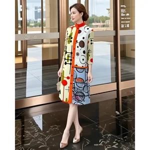 Miyake Vintage Printed Dress Age-reducing Western Mother's Skirt Spring 2026 New Pleated Loose Medium Length Polyester