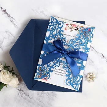Custom Glitter Laser Cut Wedding Invitations with Ribbon and Envelopes Personalized Wedding Invitation Card