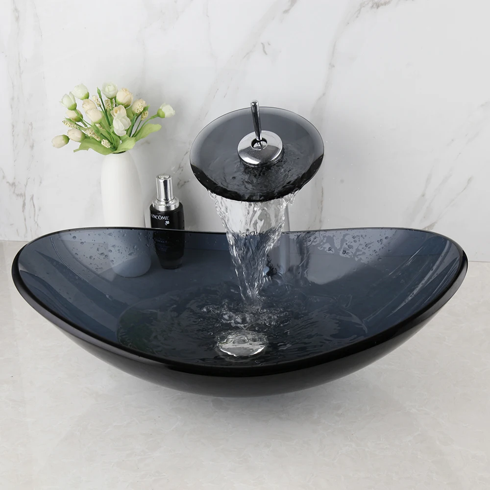 Jieni Bathroom Tempered Glass Vessel Sink Bowl Vanity Basin Faucet