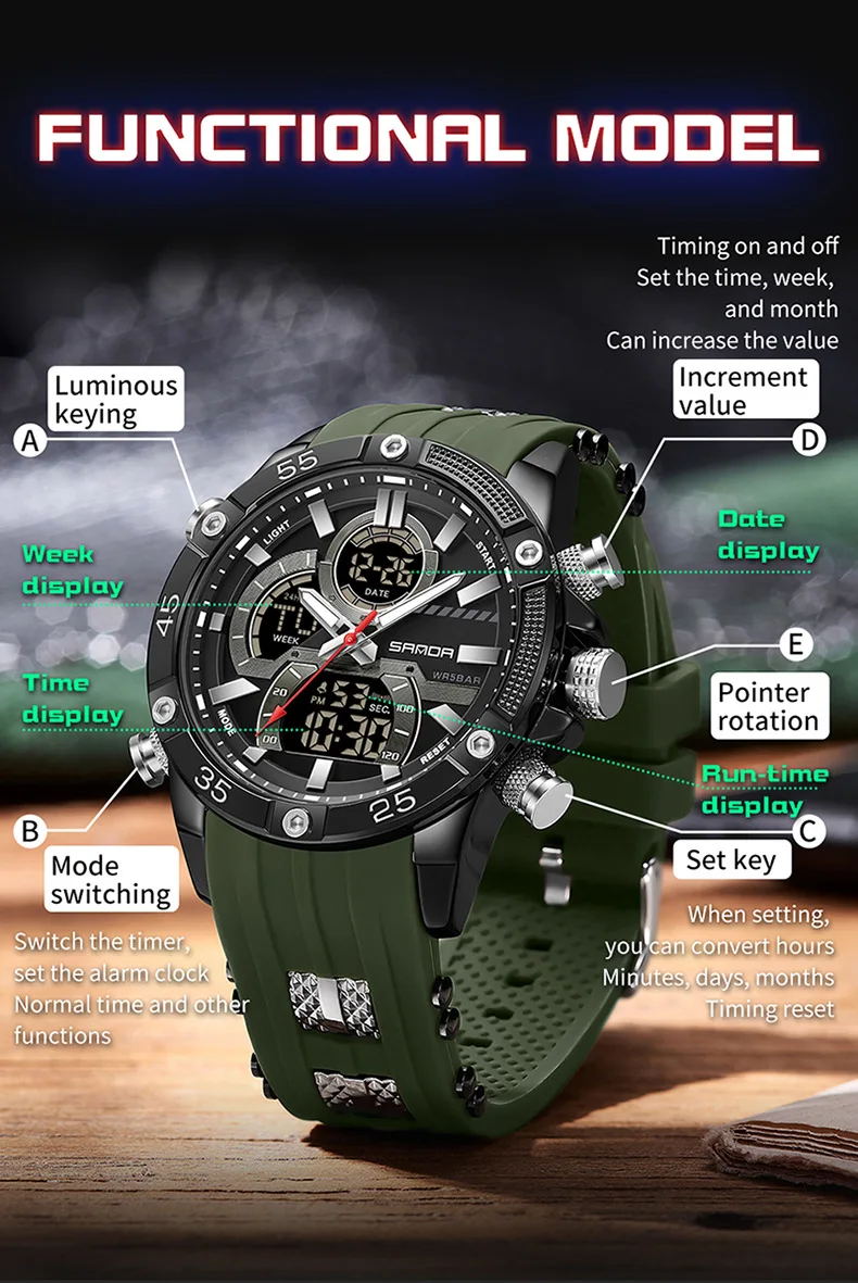 Sanda 6162 Multifunctional Waterproof watch for men 51mm dial