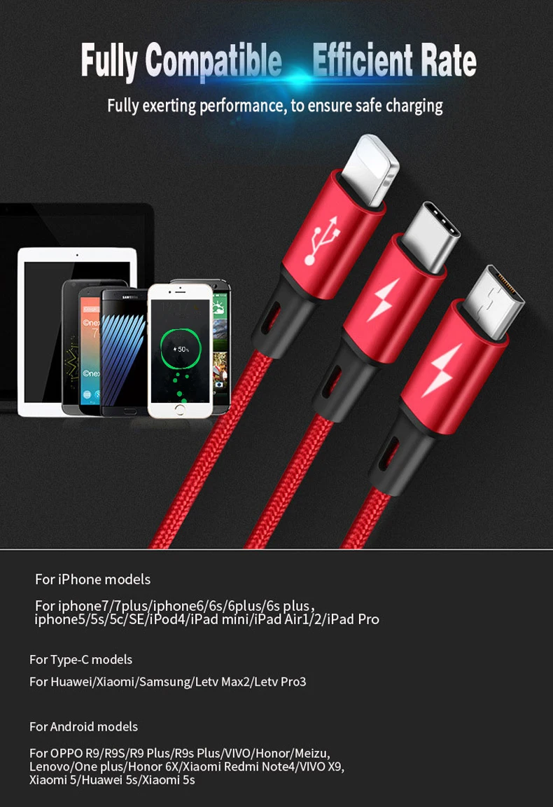 Nylon Braided Fast Charging Three-in-One USB Data Cable - ANKUX.COM