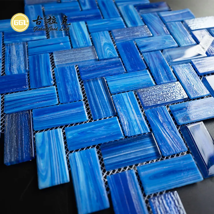 Directly Selling Surface Shining Swimming Pool Herringbone Tile Glass Mosaic Tile Crystal Mosaic Glass Tile for Wall Decor