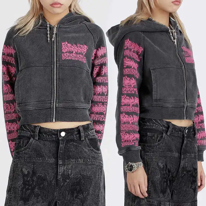 Customized Zipper Heavy Cotton Thick French Terry Print No String Zip up Acid Distressed Vintage Wash Women Cropped Hoodie Woman gallery 4