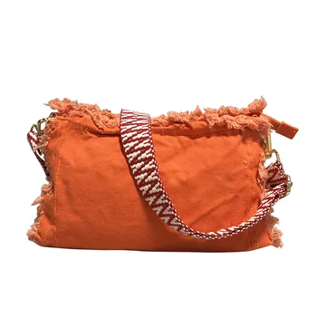 Customized Embroidery Logo Tassel Fringe Large Canvas Tote Bags Summer Women Beach shoulder Bag Handbag Bulk