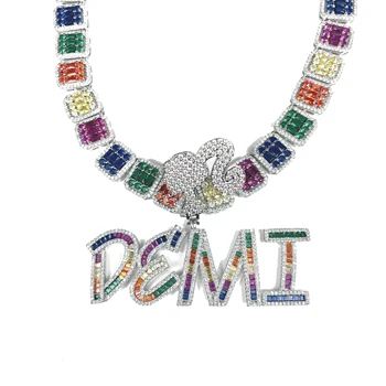New design Hip Hop bling jewelry Multi Color CZ stone Square Baguette letter name necklace personalised custom jewelry
