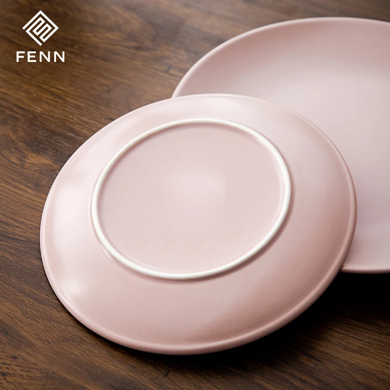 product fenn customized color logo nordic design matte pink ceramic salad plate sustainable flat round wedding party dinner dish-59