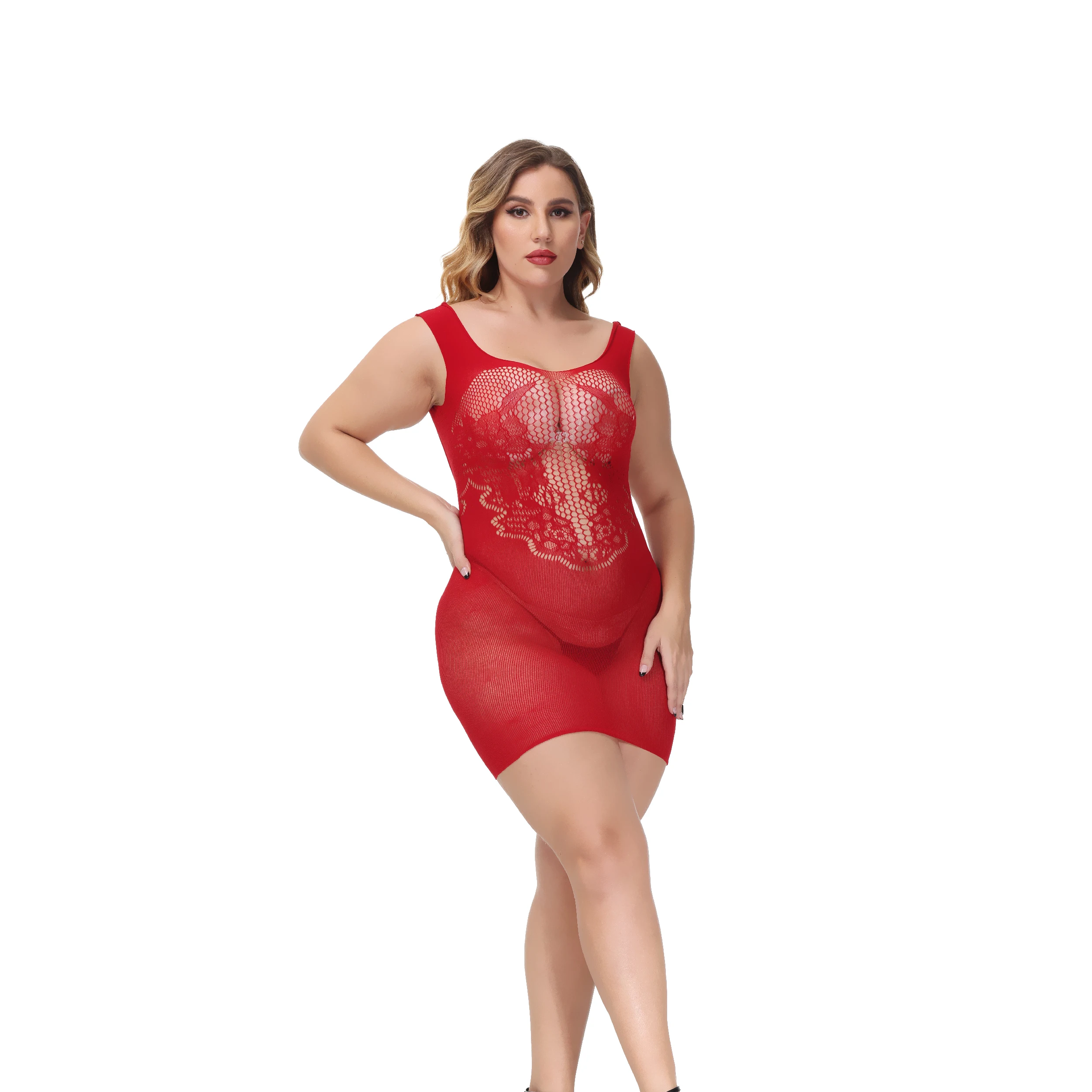 Red Color extra Large Queen Size High Waist Mesh Lingerie Fishnet Babydoll Mini Dress