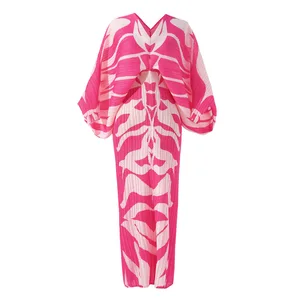Women's New Style Mid-Length Dress Pleated Loose V-Neck Bat Sleeve High Quality Western Print Large Size for Spring Summer