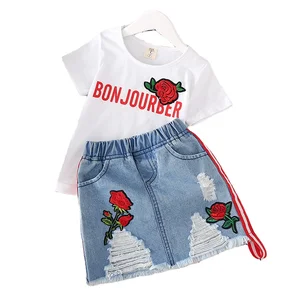 Turkish Children Clothing with Fashion Embroidered Rose T-shirt Short Sleeves Denim Skirt Suit