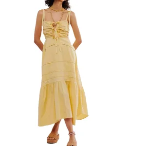 Women's Fashion Summer Dress Tie Front Tiered Skirt Dress Smocked Back Strappy Long Dress